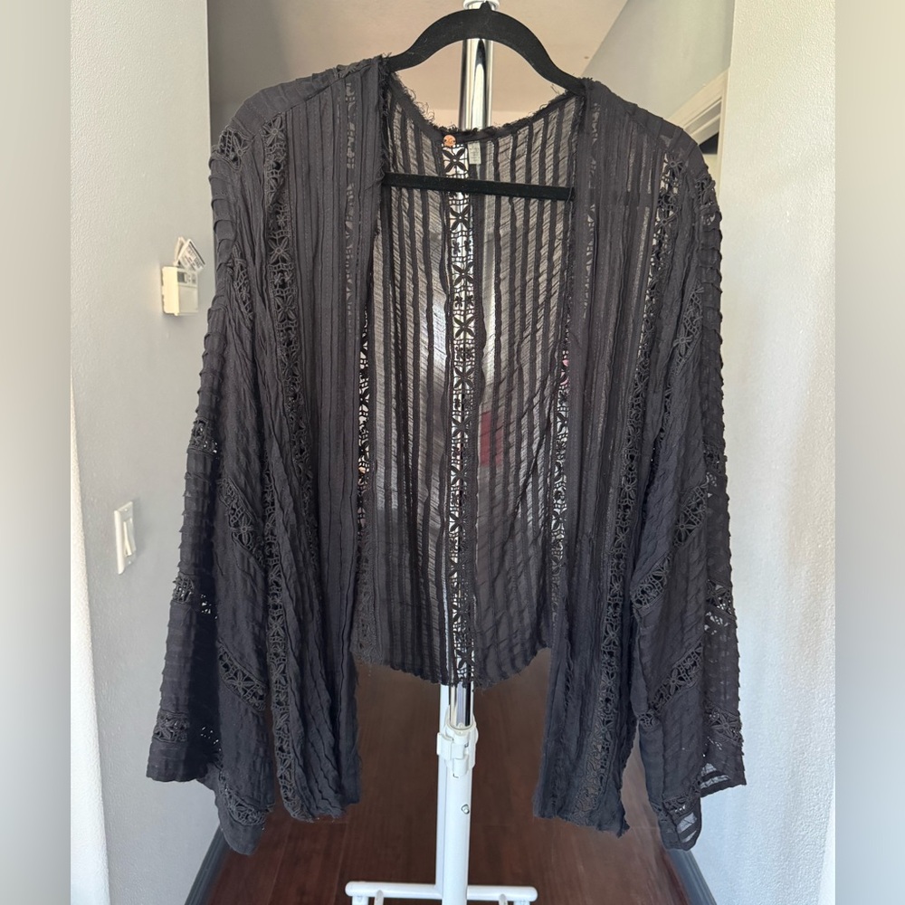 Free People Black Sheer Lace Kimono Cardigan